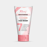 Whitening face wash tube with pinkish-white label and screw cap, front view.