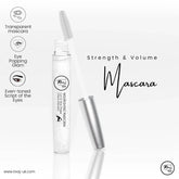 Transparent mascara tube with silver wand, strength and volume