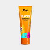 Kids sunblock tube, orange, with Rivaj Kids branding on front