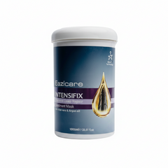 Hair mask tub with white lid and dark blue label, gold drop artwork