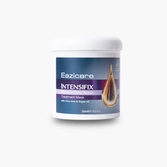 Hair treatment mask jar with white lid and blue front label, 500ml