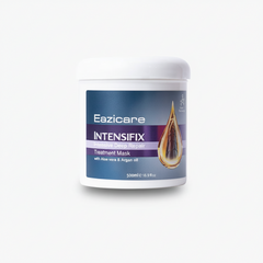 Hair treatment mask tub with blue label and gold droplet graphic