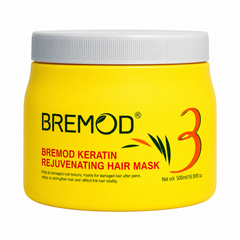 Bremod keratin hair mask jar with white ribbed lid, yellow container, front label visible