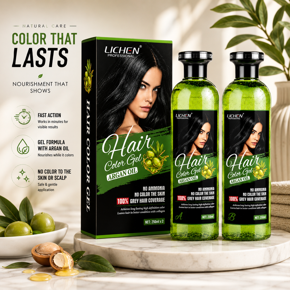 Lichen Hair Color Gel with argan oil, black-green box and two green bottles