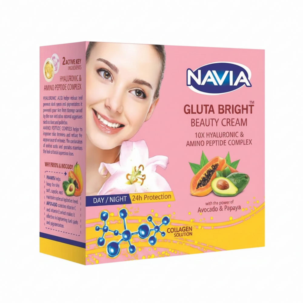 Navia Beauty Cream box front view, pink label with smiling face and day/night 24h badge