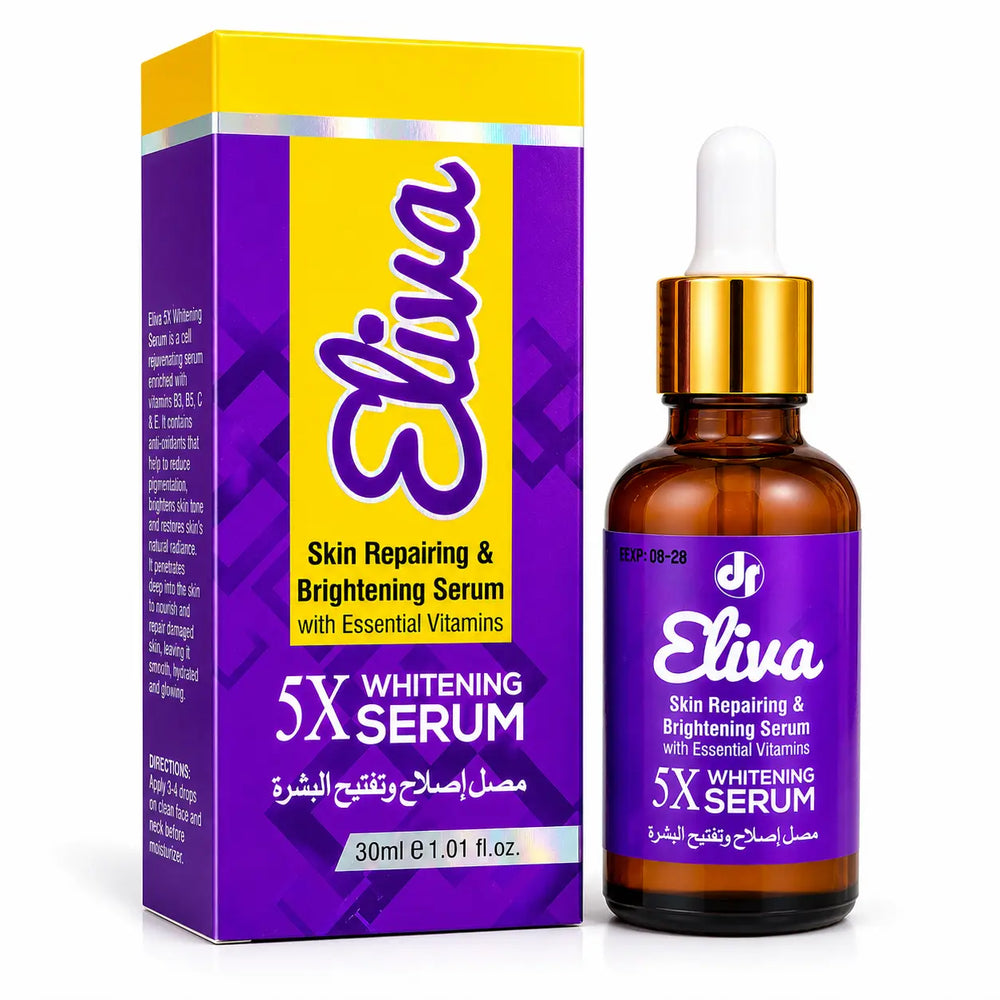 Eliva whitening serum 30ml with amber bottle and white dropper cap, boxed