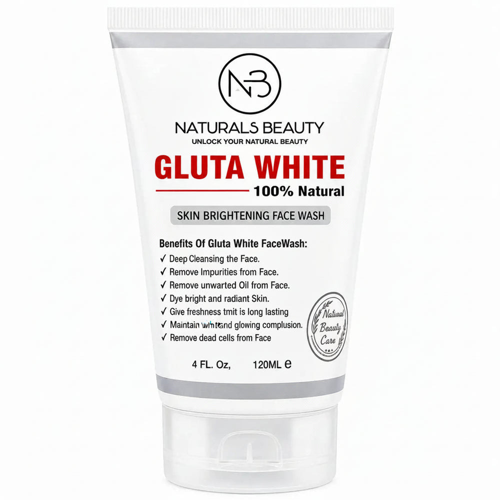 White face wash tube close-up: front label with benefits list and GLUTA WHITE line
