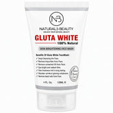 White face wash tube close-up: front label with benefits list and GLUTA WHITE line