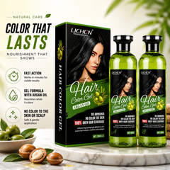 Lichen Hair Color Gel argan oil, standing box with two green bottles side by side