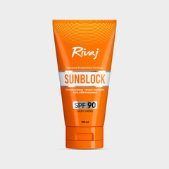 Orange Sunblock SPF 90 sunscreen tube, 100 ml, with front label and flip-top cap