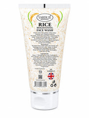 Rice brightening face wash tube, cream speckled label, includes barcode and directions