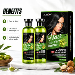 Lichen hair color gel set: two green bottles and boxed hair color, natural black