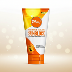 Rivaj SPF60 sunblock tube with orange-and-yellow design, Whitening & Vanishing text