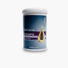 Hair mask tub with white lid, dark blue label and gold drop icon