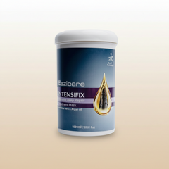 Hair mask tub, white lid and dark blue front label with gold drop graphic