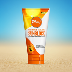 Rivaj SPF60 sunblock tube with Whitening & Vanishing label, orange base cap