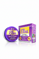 Eliva whitening beauty cream jar and box, purple and yellow labels