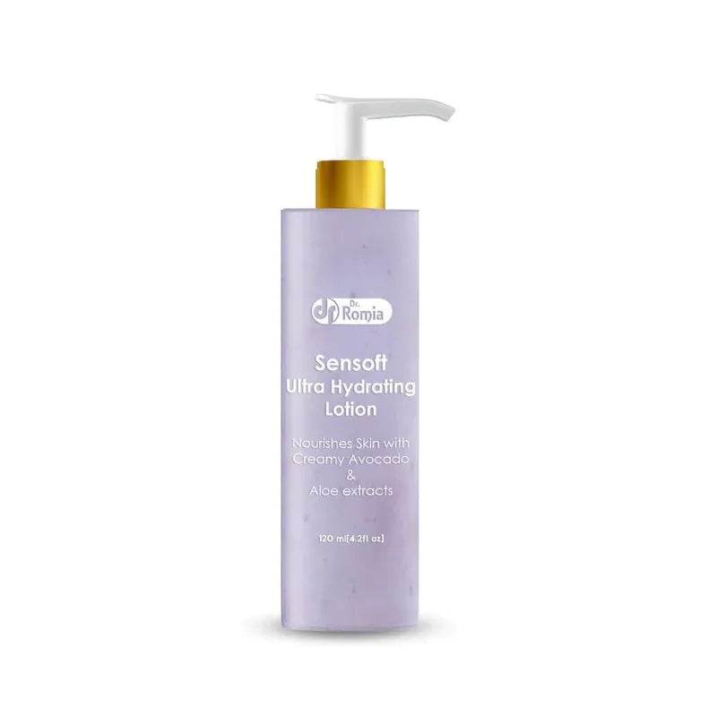 Dr Romia Sensoft ultra hydrating lotion pump bottle, gold dispenser on lavender label