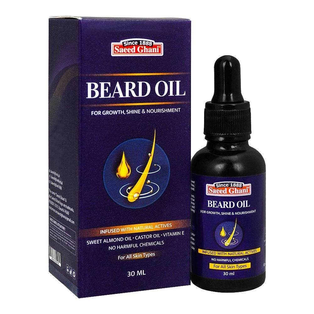Saeed Ghani beard oil, 30 ml dropper bottle and dark-blue box