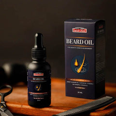 Saeed Ghani beard oil, 30 ml dropper bottle beside dark-blue packaging box