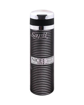 Sapil body spray bottle, black and silver with striped label, spray cap