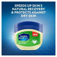 Vaseline BlueSeal aloe fresh light hydrating jelly jar shown on blue package