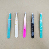 Open tweezers, five colorful patterned tweezers with slanted tips