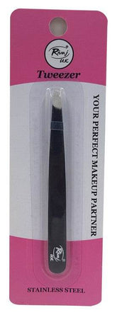 Stainless steel tweezers with dark handle, in package
