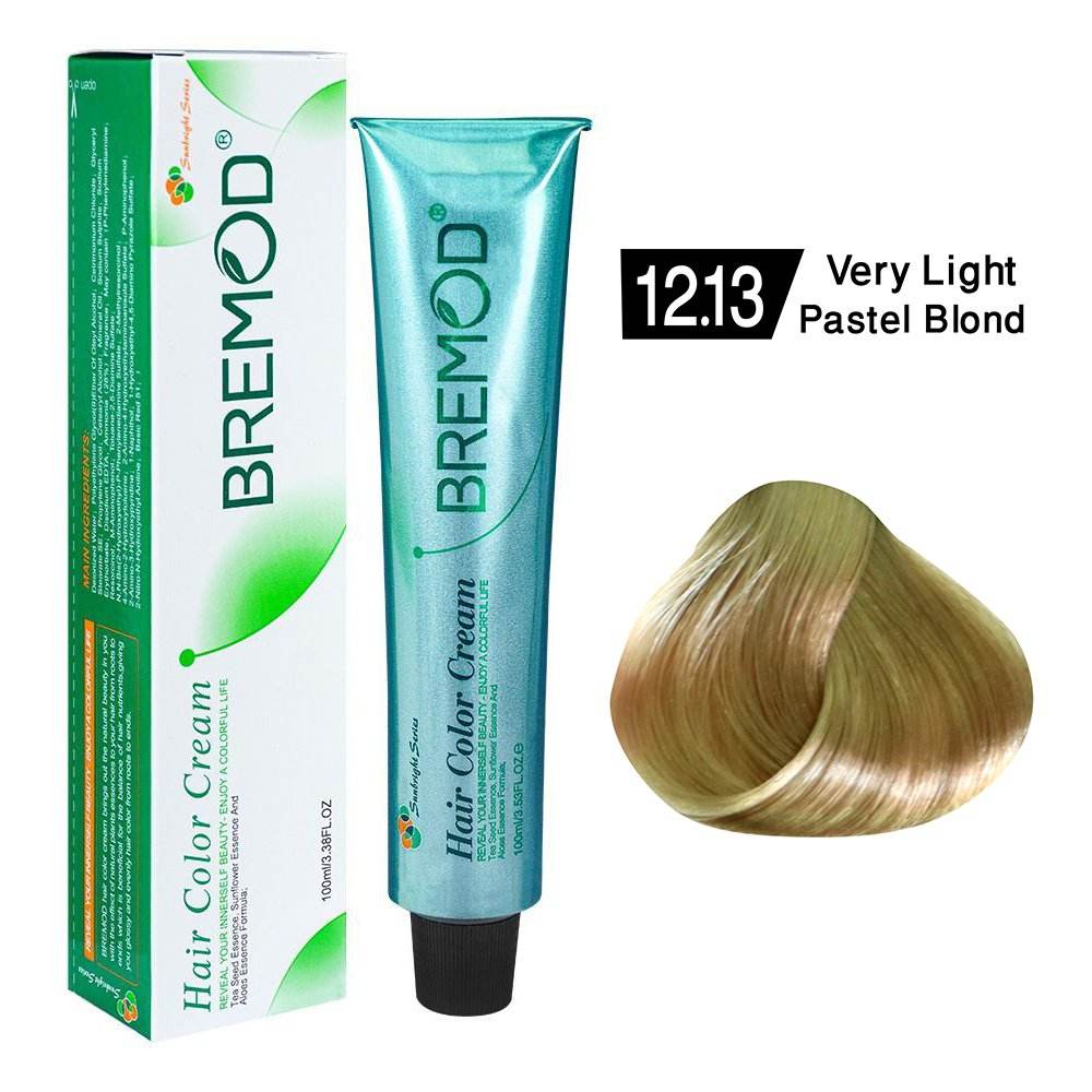 Bremod hair color cream tube and box, very light pastel blond with hair swatch