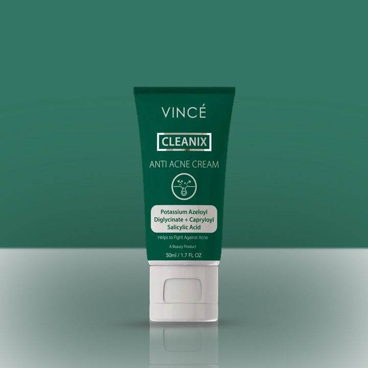 Green VINCE CLEANIX anti acne cream tube, 50 ml, with clear cap.