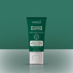 Green VINCE CLEANIX anti acne cream tube, 50 ml, with clear cap.