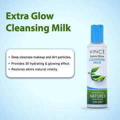 Vince extra glow cleansing milk bottle, blue cap, green leaf label, 120 ml