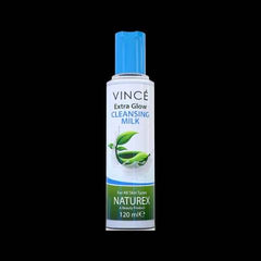 Cleansing milk bottle with blue cap and green leaf label, 120 ml