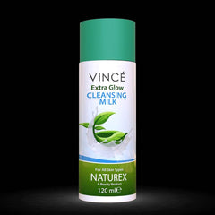 Cleansing milk bottle with blue cap and green leaf label, 120 ml