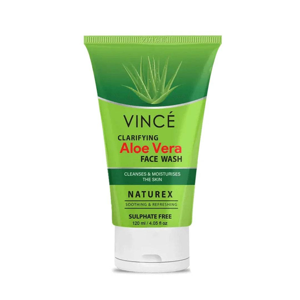 Vincé Clarifying Aloe Vera Face Wash tube, 120ml, green gel cleanser