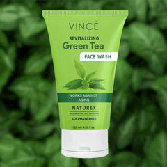 Green tea face wash tube with green label, green and white, 120 ml