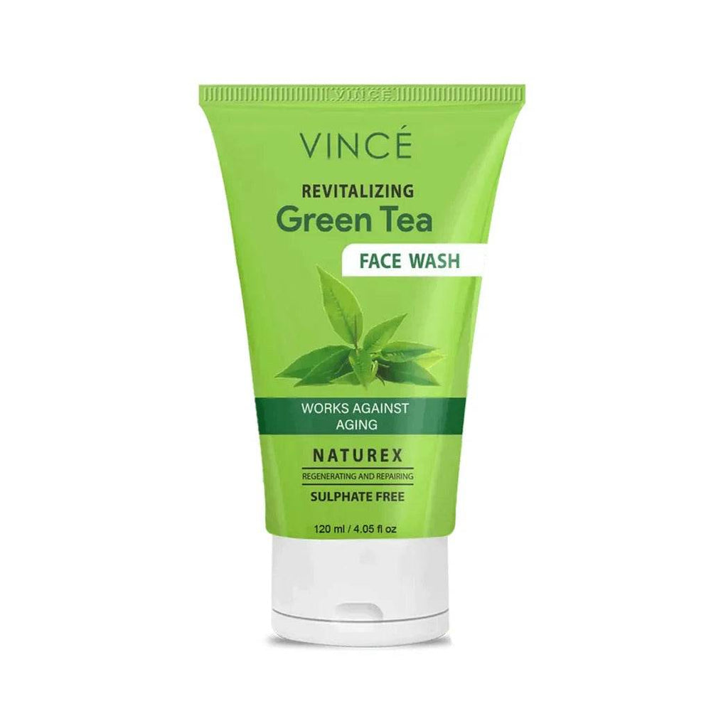 Green tea face wash tube, green and white, 120 ml
