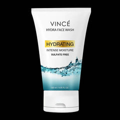 Vince Hydra Face Wash tube, white with blue splash graphic, 120 ml.