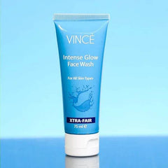 Intense Glow face wash tube, blue front label, white base, 75 ml