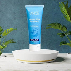 Vince Intense Glow face wash tube, blue with white cap, 75 ml