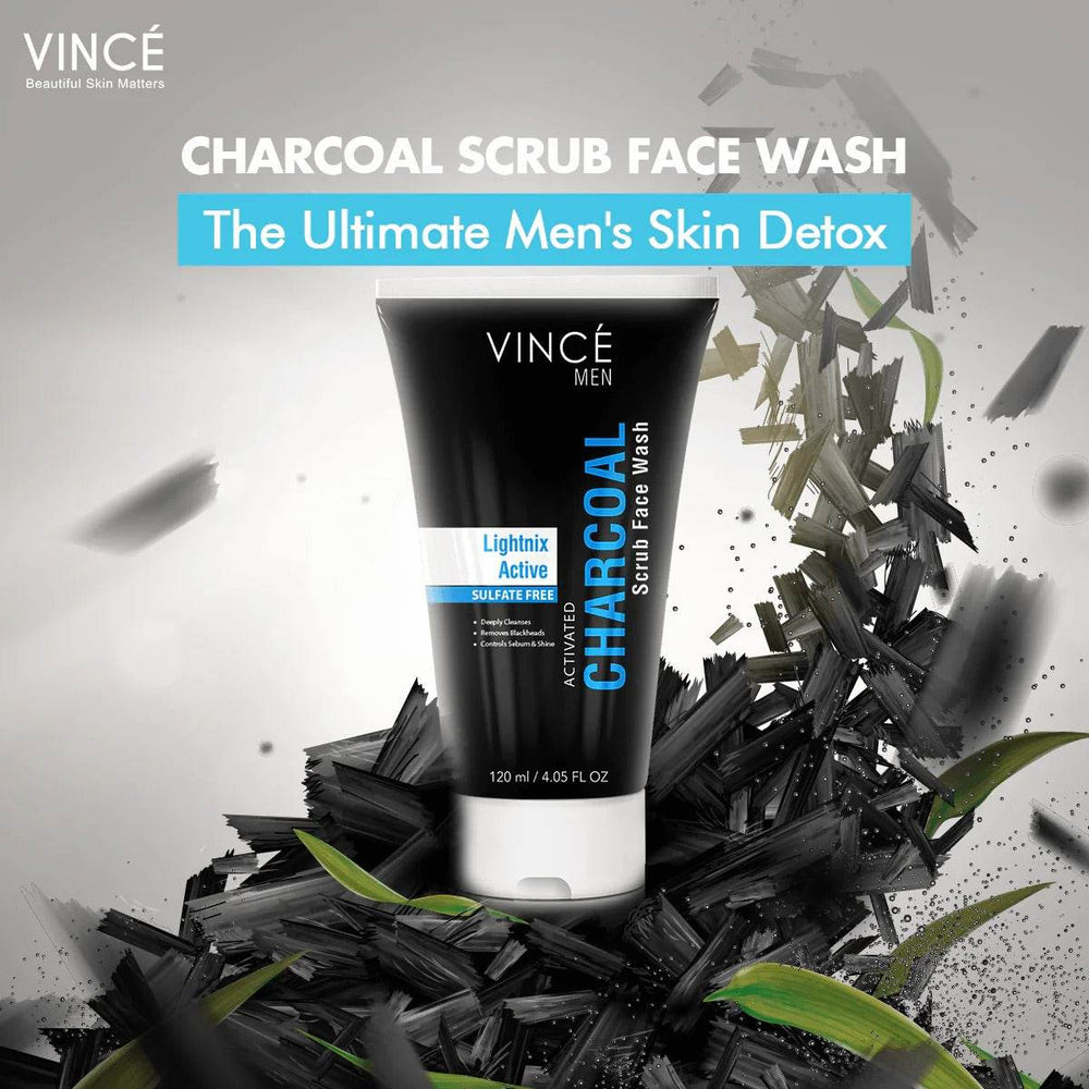 Men's charcoal scrub face wash tube, black with blue vertical label