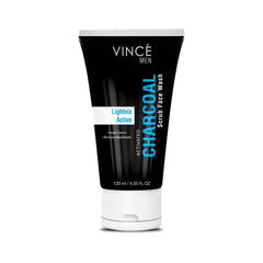 Men's charcoal scrub face wash tube, black squeeze tube with blue stripe label