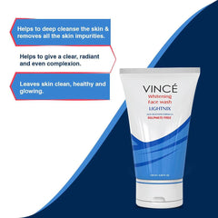 Whitening face wash tube standing, white and blue striping, 120 ml.
