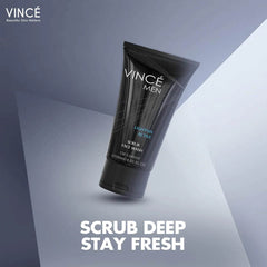 Vincé Men scrub face wash tube, dark charcoal, angled view, 100 ml
