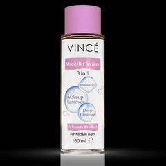 VINCÉ micellar water bottle with pink cap, front label facing camera.