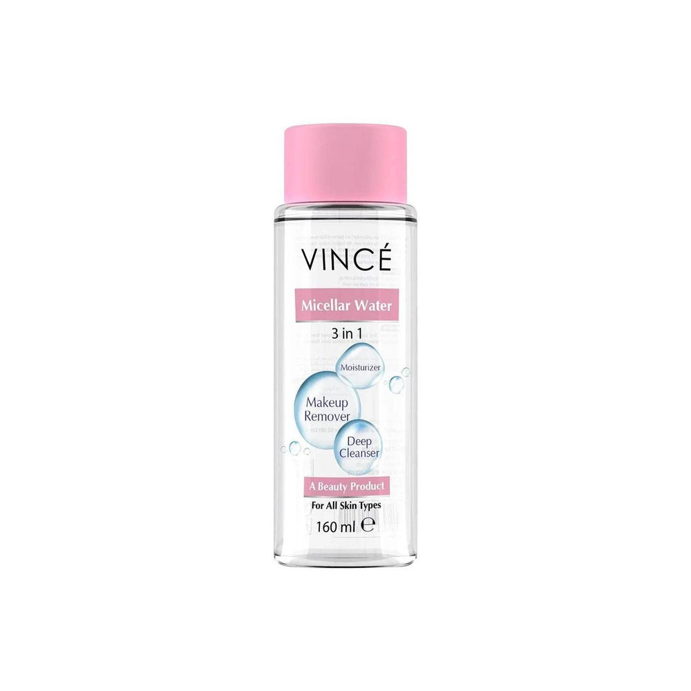 VINCÉ micellar water bottle with pink cap, clear 160 ml.