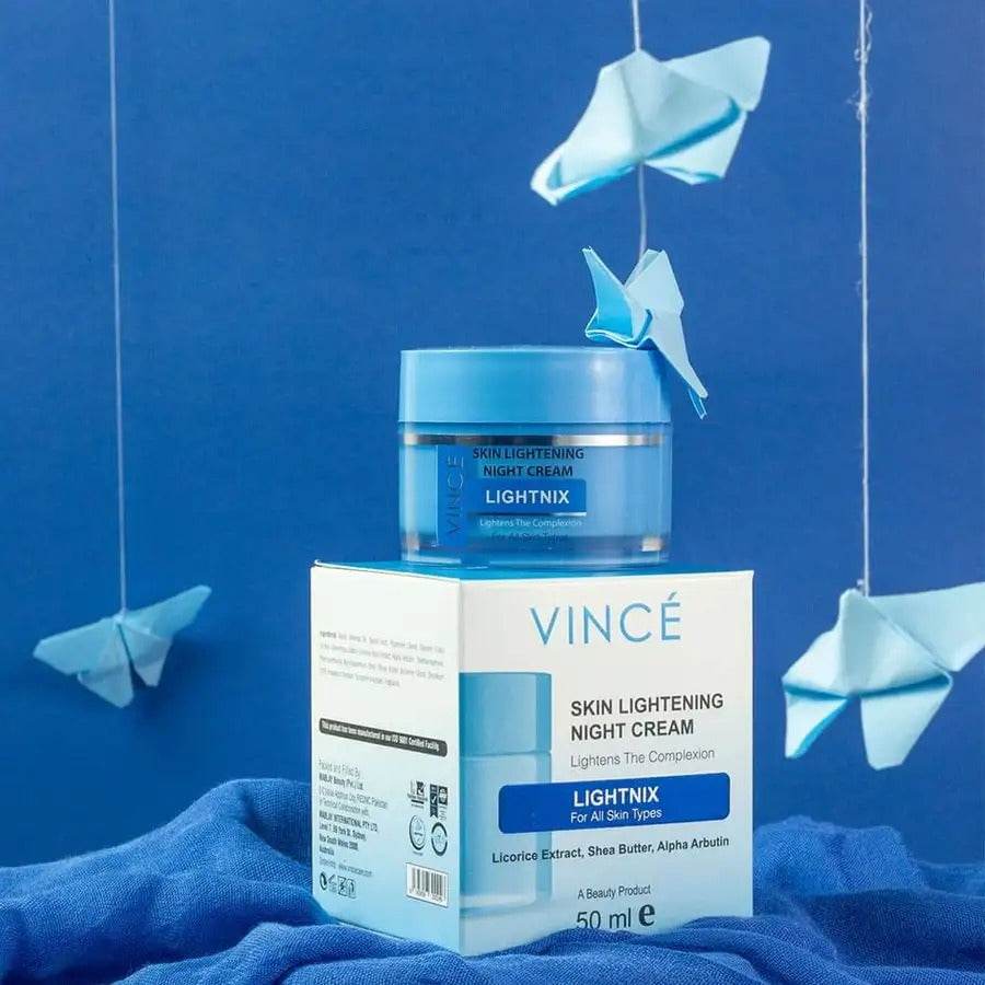 Vince skin lightening night cream jar with blue lid and 50 ml label