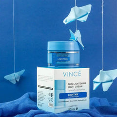 Vince skin lightening night cream jar with blue lid and 50 ml label