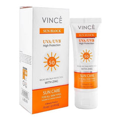 VINCE Sun block SPF 50 sunscreen tube with retail box, 75 ml