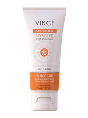 SPF 75 sunscreen tube with zinc, UVA/UVB high protection label